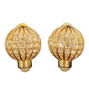 Rhinestone & Faux Pearl Earrings Joan Rivers Ribbed Clip On Vtg Costume Jewelry